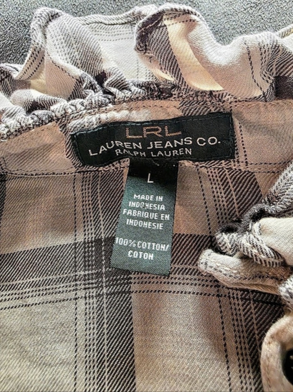 Lauren Ralph Lauren Cream and Gray Plaid Button-Down Tie-Neck Shirt-Large - Picture 3 of 11